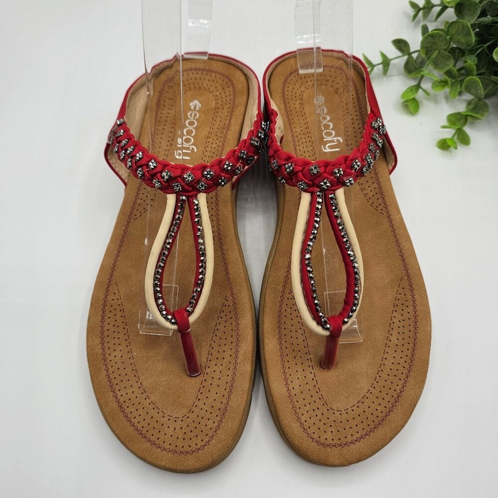 Socofy Sandals Women's 39 Red Suede Rhinestone Bling Thong Slip On Flip‎ Flops